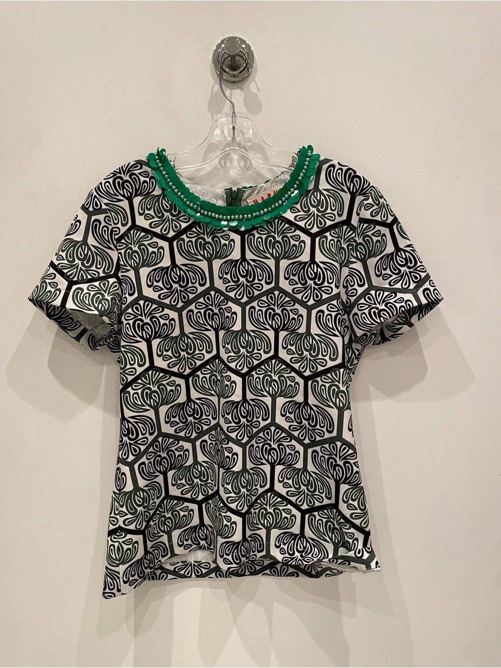 Marni Black & White Printed Short Sleeve Top with Green Beaded Neckline